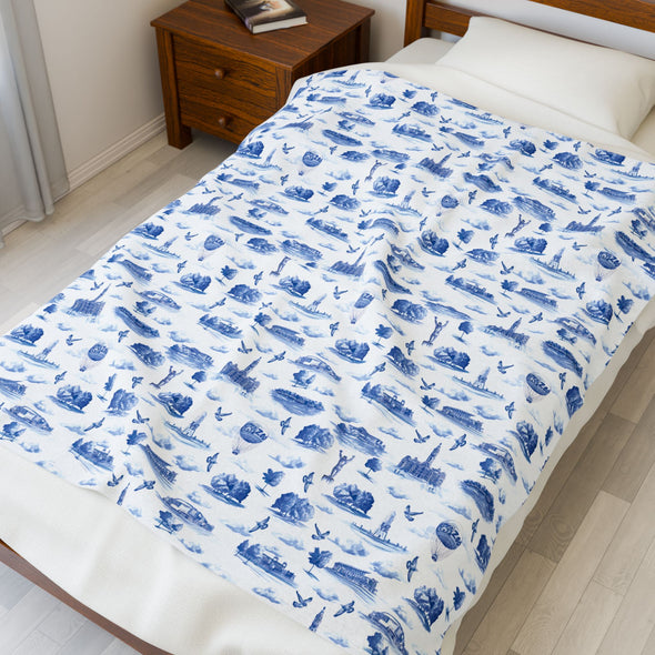 Philly Blue Toile Velveteen Plush Blanket