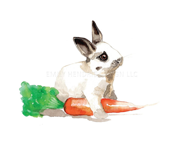 White and Black Bunny Rabbit with Carrot Watercolor Art Print