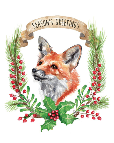 Christmas Fox Watercolor Art Print