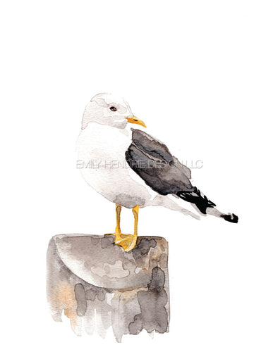 Seagull on the Pier Watercolor Art Print