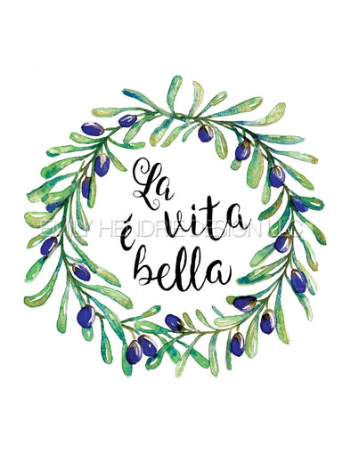 La Vita e Bella Olive Branch Wreath Watercolor Art Print