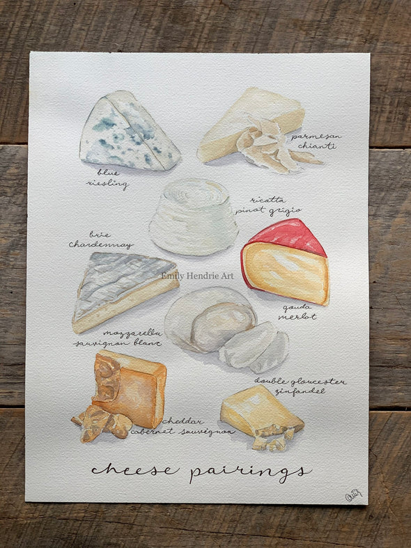 Original Cheese and Wine Pairings Watercolor Art